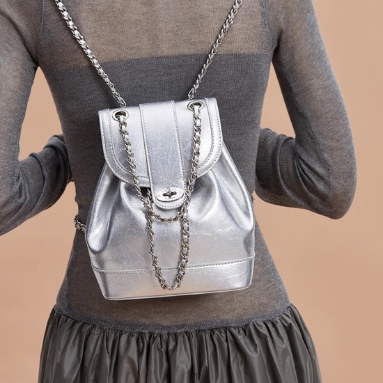Shoulder Bag, Women's Oil Wax Leather Chain Backpack, Silver Backpack Shoulder Bag, Women's Oil Wax Leather Chain Backpack, Silver Backpack